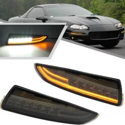 1993-2002 Camaro "Smoked LED DRL/Laser Sequential" (Smoked Lense and Chrome Housing, Xenon White LED Parking/Driving & Full Amber LED Blinker) Turn Signals (PAIR) 